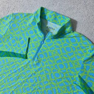 Icikuls 1/4 Zip L/S Top Women L Blue Green Geometric Icefil Stretch Sun Shirt